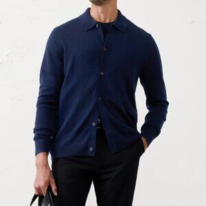 Banana Republic Factory Merino Wool Button-Through Polo Sweater, Medium, Navy